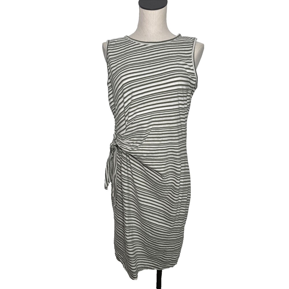 Talbots Faux Wrap Dress Green Striped Sleeveless 100% Cotton Size Large